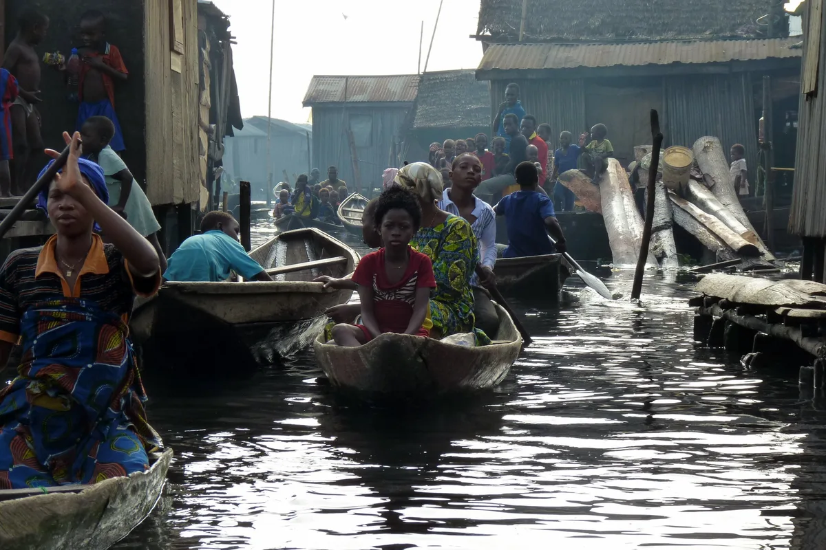 Wooden boats on the water in Makoko, Lagos